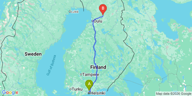 Map: Helsinki Airport (HEL) to Pudasjarvi