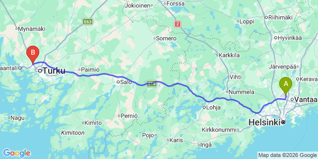Map: Helsinki Airport (HEL) to Raisio