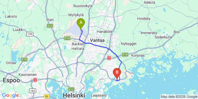 Map: Helsinki Airport (HEL) to Rastila