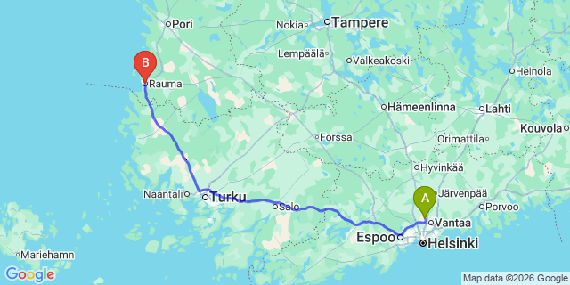 Map: Helsinki Airport (HEL) to Rauma