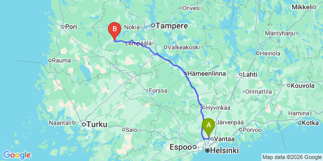 Map: Helsinki Airport (HEL) to Sastamala