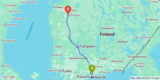 Map: Helsinki Airport (HEL) to Seinajoki