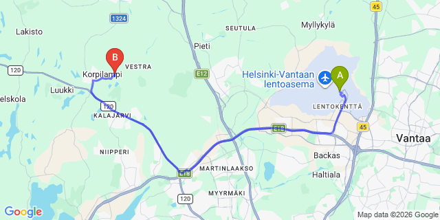 Map: Helsinki Airport (HEL) to Serena