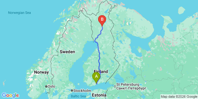Map: Helsinki Airport (HEL) to Sodankyla