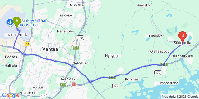 Map: Helsinki Airport (HEL) to Söderkulla