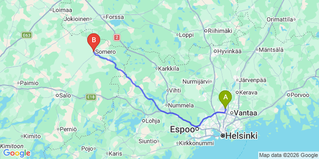 Map: Helsinki Airport (HEL) to Somero