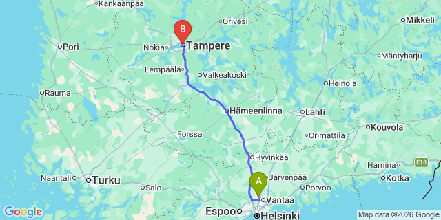 Map: Helsinki Airport (HEL) to Tampere