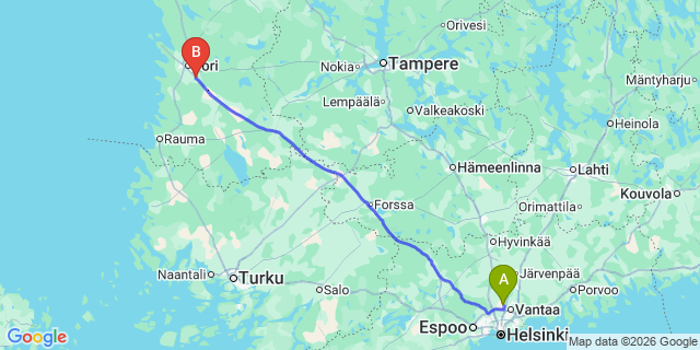 Map: Helsinki Airport (HEL) to Ulvila