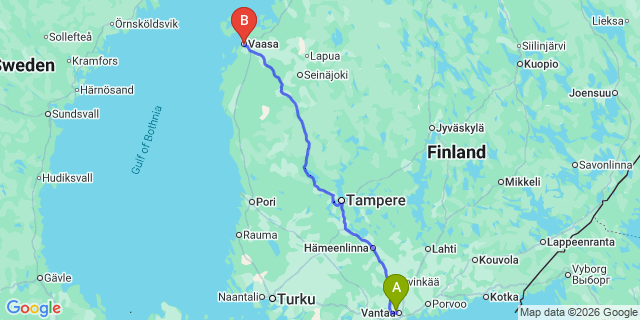 Map: Helsinki Airport (HEL) to Vaasa