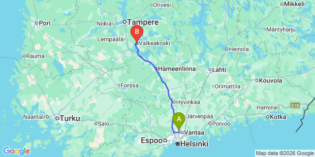 Map: Helsinki Airport (HEL) to Valkeakoski