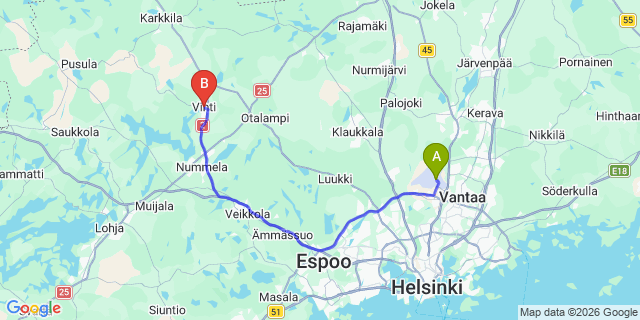 Map: Helsinki Airport (HEL) to Vihti