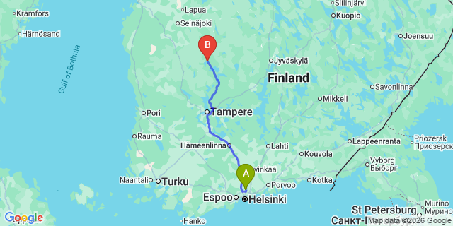 Map: Helsinki Airport (HEL) to Virrat