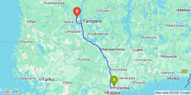 Map: Helsinki Airport (HEL) to Ylojarvi