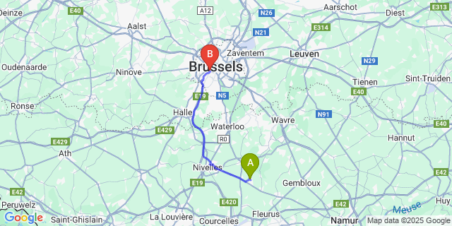 Map: Brussels Midi Train Station to Sart-Dames-Avelines
