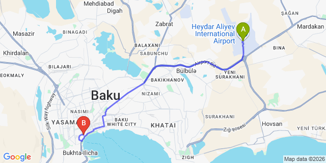 Map: Baku Heydar Aliyev Airport (GYD) to Boutique 19 Hotel