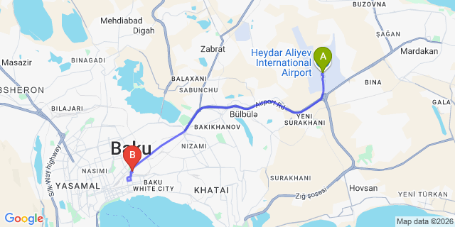 Map: Baku Heydar Aliyev Airport (GYD) to Excelsior Hotel & Spa Baku