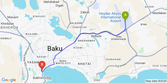 Map: Baku Heydar Aliyev Airport (GYD) to Grandview Boutique Hotel