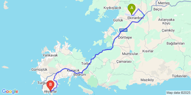 Map: Milas–Bodrum Airport (BJV) to Akyarlar