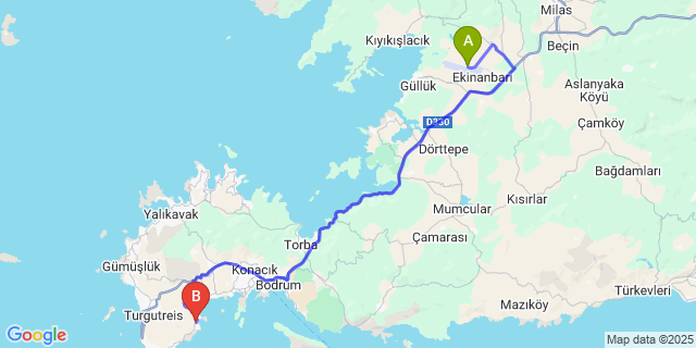 Map: Milas–Bodrum Airport (BJV) to Bağla