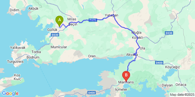 Map: Milas–Bodrum Airport (BJV) to Marmaris