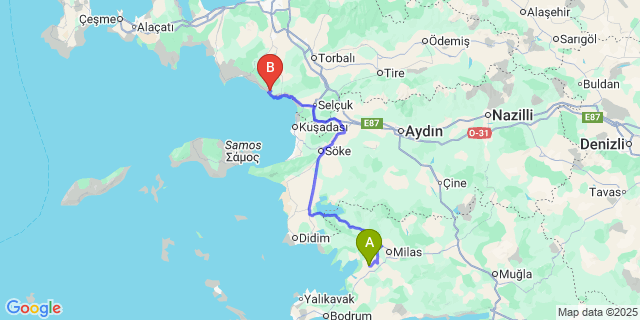Map: Milas–Bodrum Airport (BJV) to Özdere