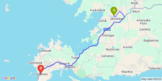 Map: Milas–Bodrum Airport (BJV) to Turgutreis