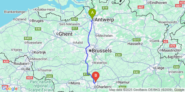 Map: Charleroi Airport Brussels South (CRL) to Antwerp Cruise Port