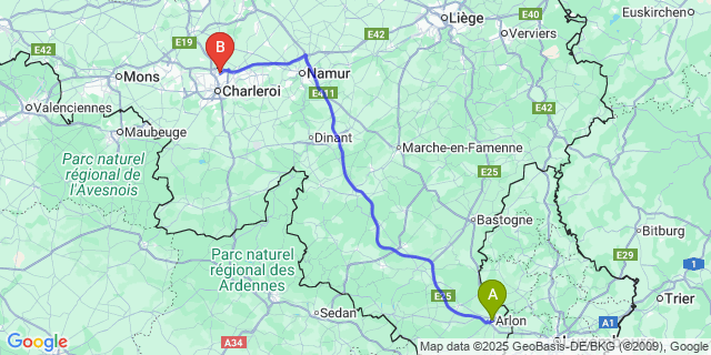 Map: Charleroi Airport Brussels South (CRL) to Aarlen