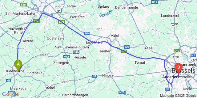 Map: Brussels Midi Train Station to Audenaerde