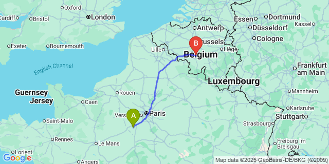 Map: Charleroi Airport Brussels South (CRL) to Auneau