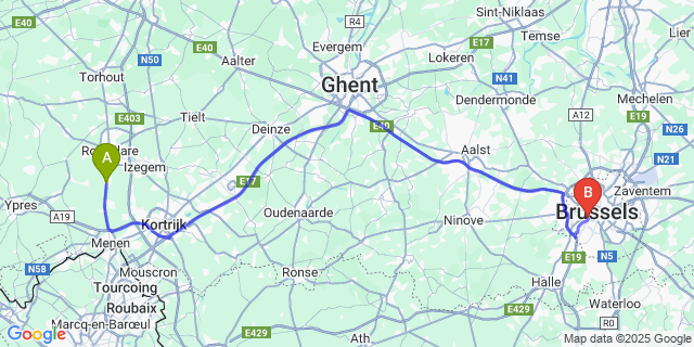 Map: Brussels Midi Train Station to Beitem