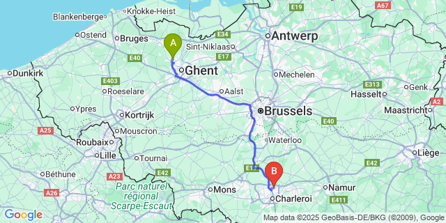 Map: Charleroi Airport Brussels South (CRL) to Belzele