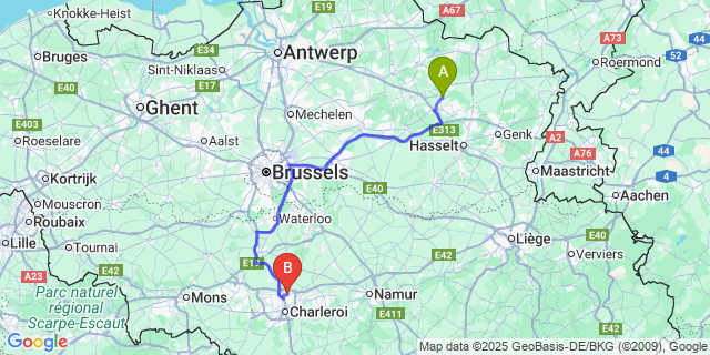Map: Charleroi Airport Brussels South (CRL) to Beringen-Mijn