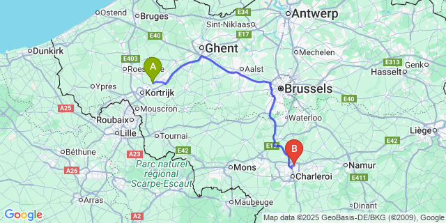 Map: Charleroi Airport Brussels South (CRL) to Beveren-Leie