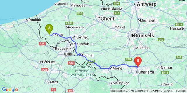 Map: Charleroi Airport Brussels South (CRL) to Brandhoek