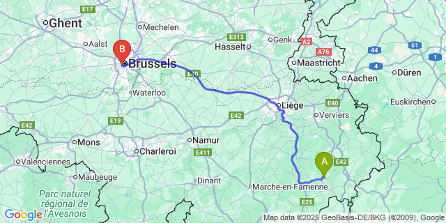 Map: Brussels Midi Train Station to Cahay