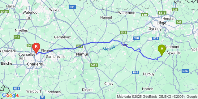 Map: Charleroi Airport Brussels South (CRL) to Comblain-la-Tour