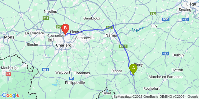 Map: Charleroi Airport Brussels South (CRL) to Conjoux