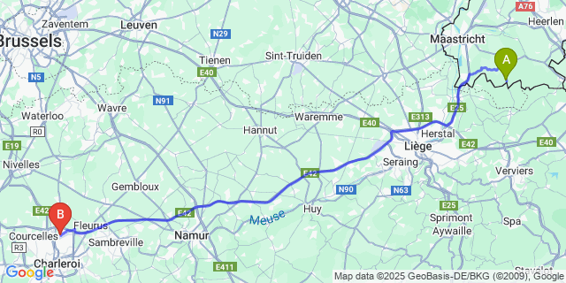 Map: Charleroi Airport Brussels South (CRL) to De Plank