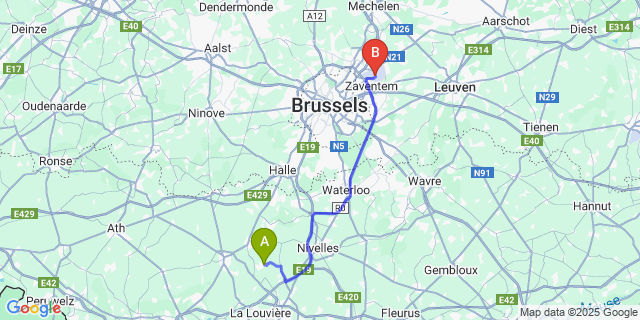 Map: Brussels Zaventem Airport (BRU) to Ecaussinnes-Lalaing