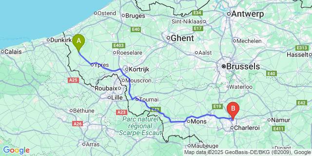 Map: Charleroi Airport Brussels South (CRL) to Elzendamme