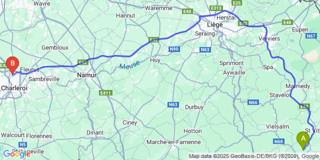 Map: Charleroi Airport Brussels South (CRL) to Espeler