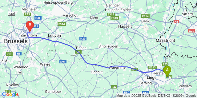 Map: Brussels Zaventem Airport (BRU) to Evegnee