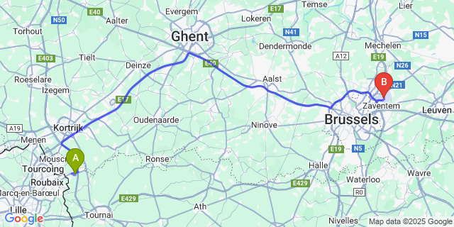 Map: Brussels Zaventem Airport (BRU) to Evregnies