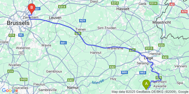 Map: Brussels Zaventem Airport (BRU) to Fairon