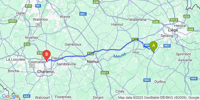 Map: Charleroi Airport Brussels South (CRL) to Fraineux