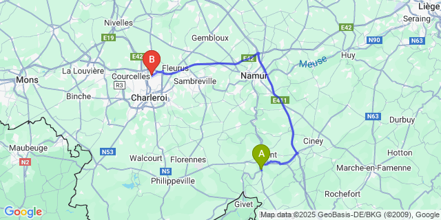 Map: Charleroi Airport Brussels South (CRL) to Freyr
