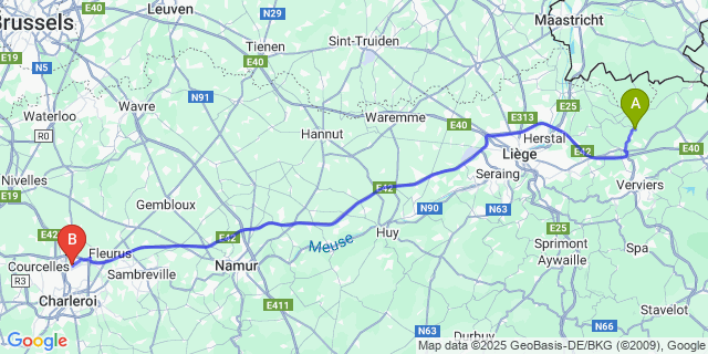 Map: Charleroi Airport Brussels South (CRL) to Froidthier