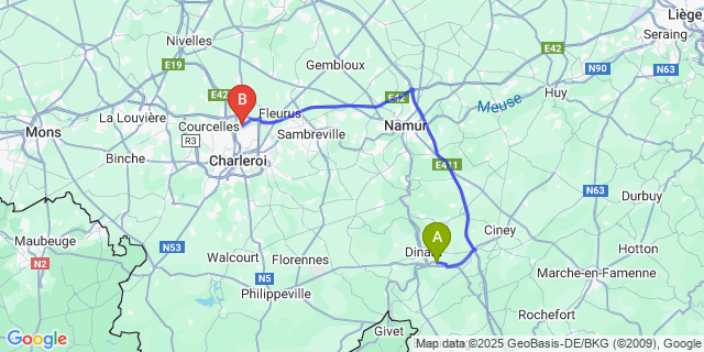 Map: Charleroi Airport Brussels South (CRL) to Froidvau