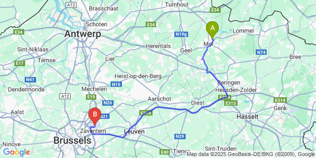 Map: Brussels Zaventem Airport (BRU) to Ginderbuiten